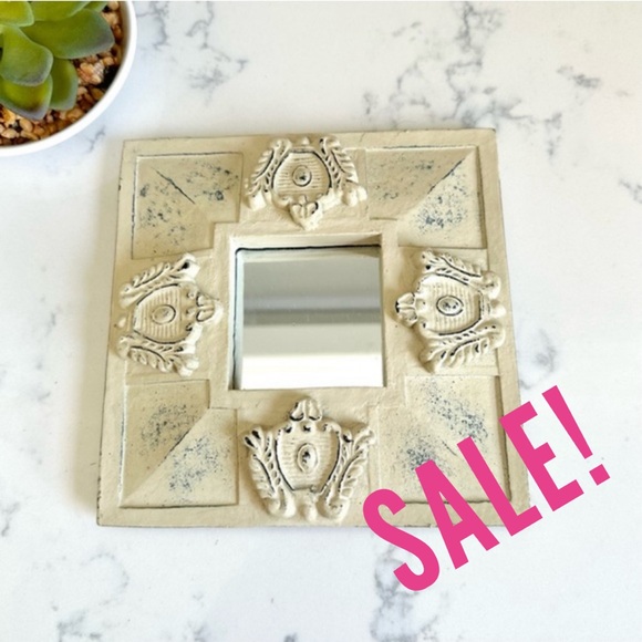 Other - Vintage Relief Carved Accent Mirror Wall Hanging Cream Square Weathered 6x6”